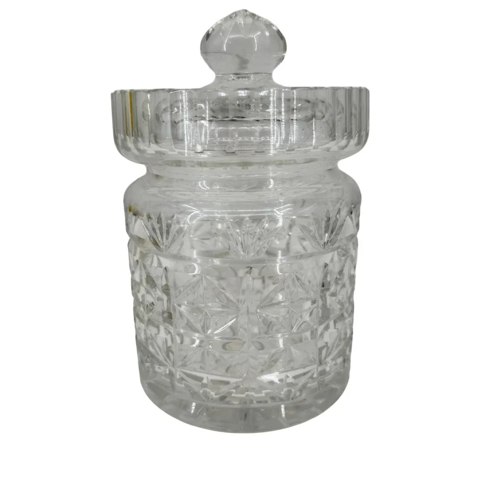 Lead Crystal Small Lidded Jar Clear Diamond Cut Glass Biscuit Candy 6 Inch